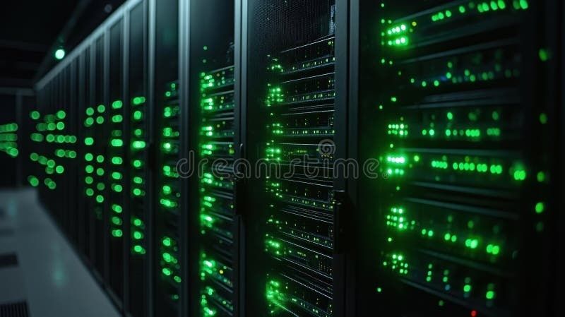 Rows of server racks glowing with green indicator lights in a data center